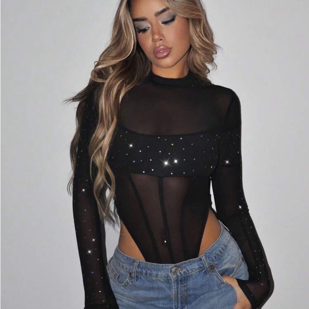Sheer Black Rhinestone Long-Sleeve Bodysuit - Women Tops
